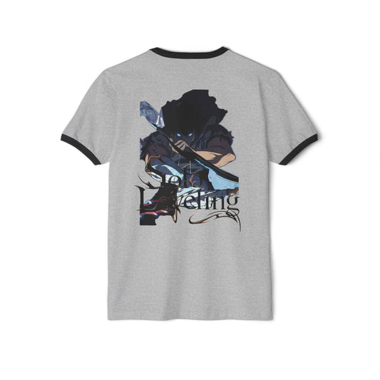 Grey ringer t-shirt with Solo Leveling anime graphic and dark character print on back, Ghita Shop