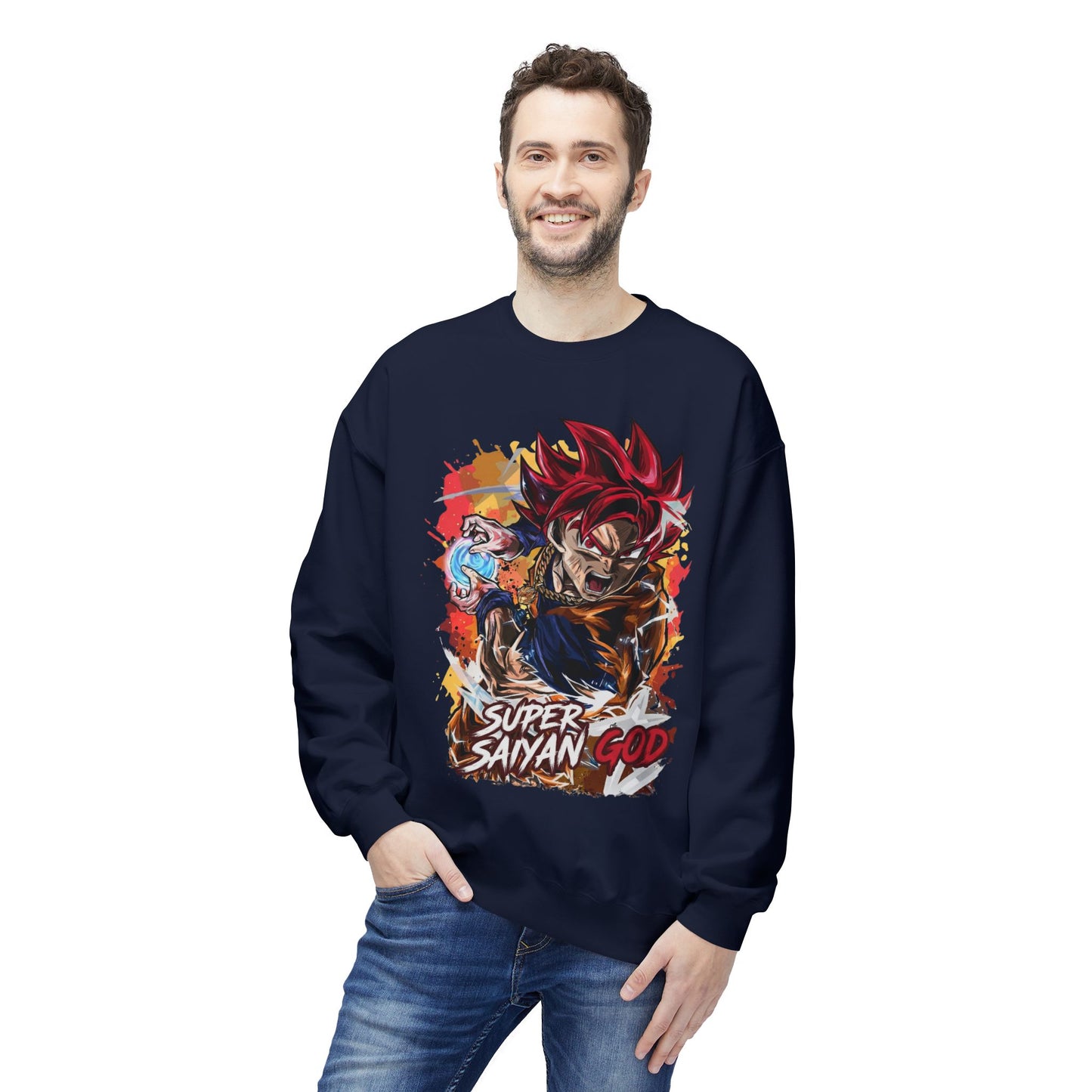 Man wearing black essentials comfort hoodie with Super Saiyan God anime design, cool hoodie for guys