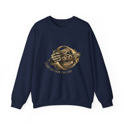 Never Let the Day Run You — Vintage Steering Wheel Crewneck Sweatshirt