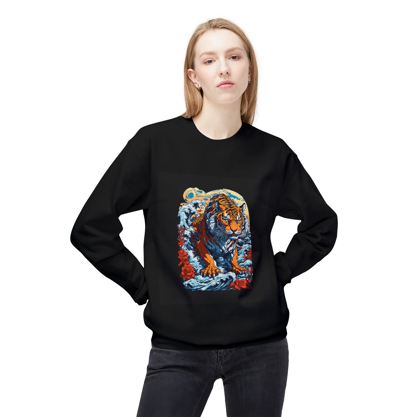 Tiger Moon Crewneck Sweatshirt — Vintage Stylized Tiger Graphic