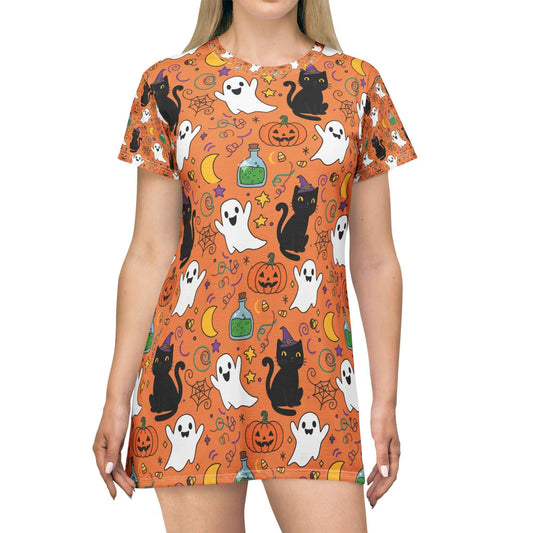 Orange Halloween T-Shirt Dress with Spooky Ghost and Black Cat Pattern