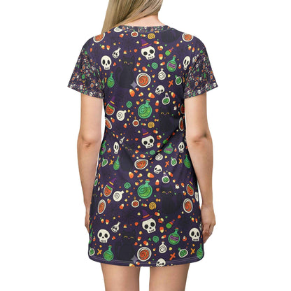 Witchy Skulls T-Shirt Dress – Spooky Halloween Outfit for Women