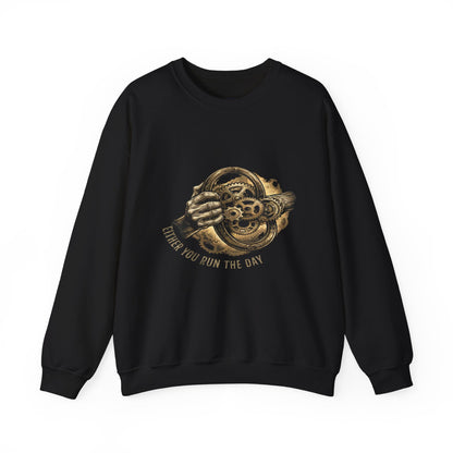 Never Let the Day Run You — Vintage Steering Wheel Crewneck Sweatshirt