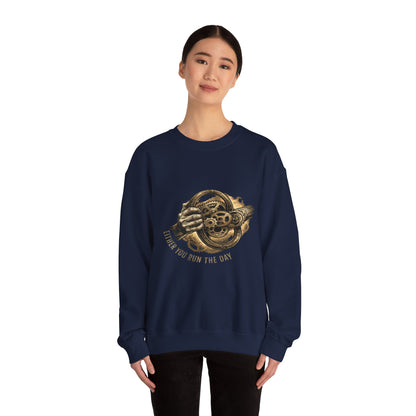 Never Let the Day Run You — Vintage Steering Wheel Crewneck Sweatshirt