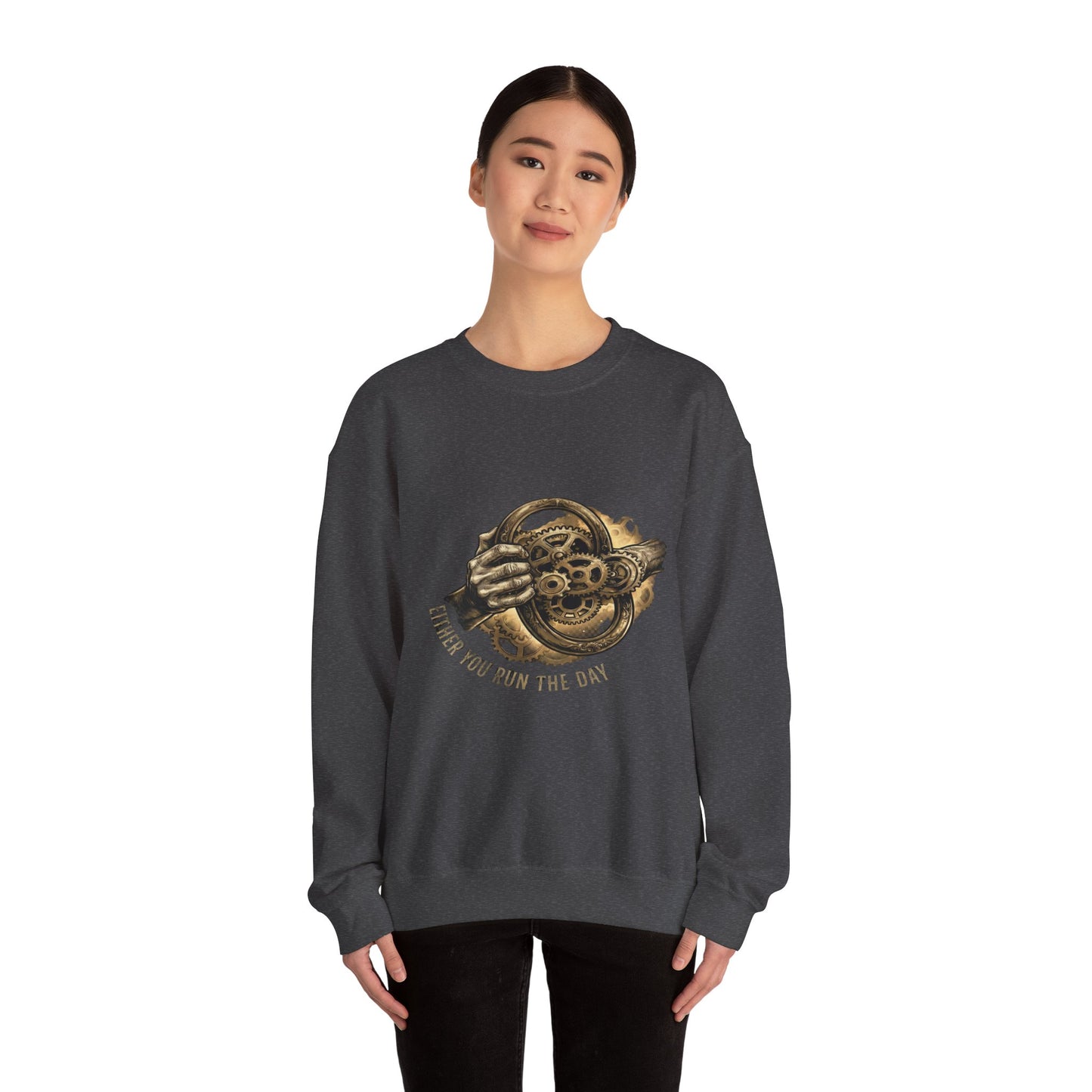 Never Let the Day Run You — Vintage Steering Wheel Crewneck Sweatshirt