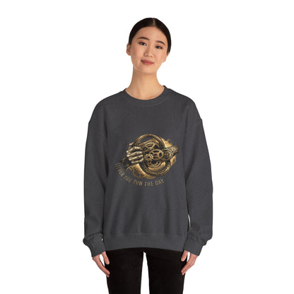 Never Let the Day Run You — Vintage Steering Wheel Crewneck Sweatshirt