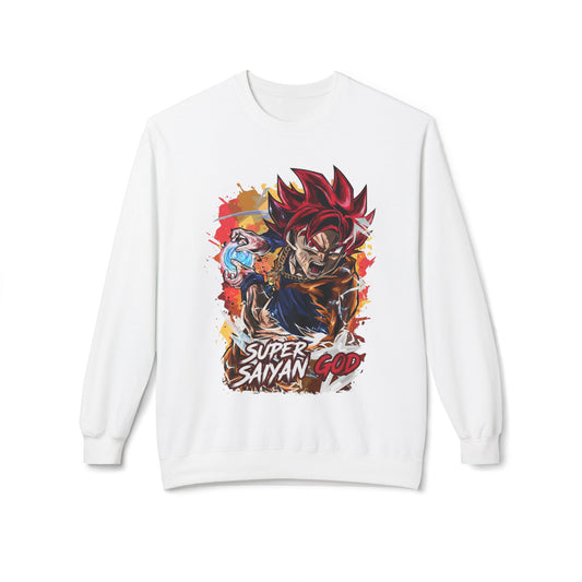 White essentials hoodie featuring vibrant Super Saiyan God anime graphic, cool men's zip up hoodie